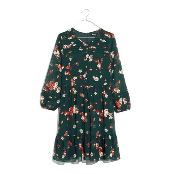 Madewell Womens Pintuck Green Floral Long Sleeve Dress Size 10 - Picture 14 of 15